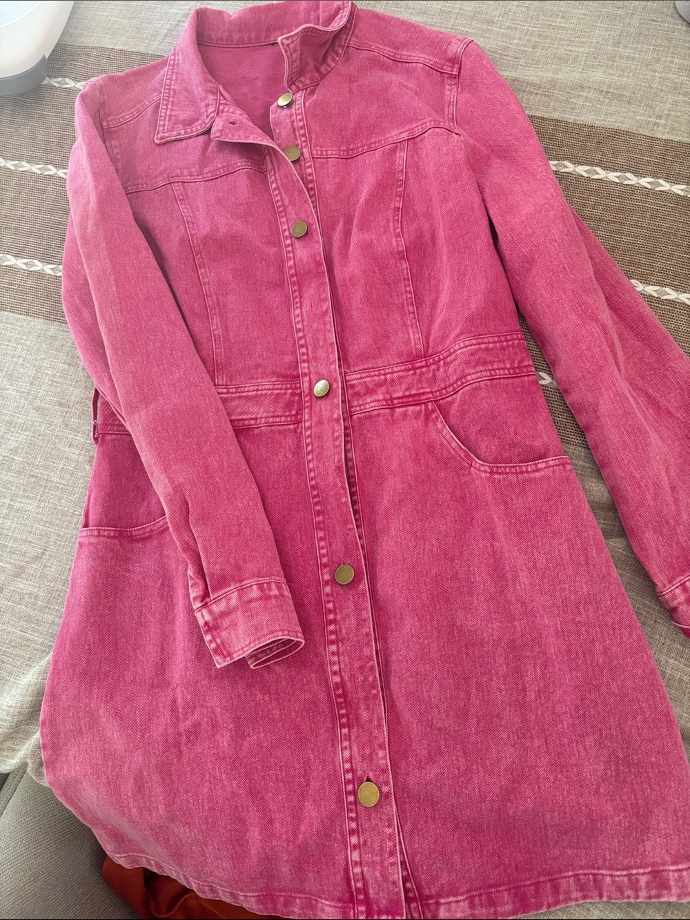 Pink Denim Long Jacket dressButton-Front